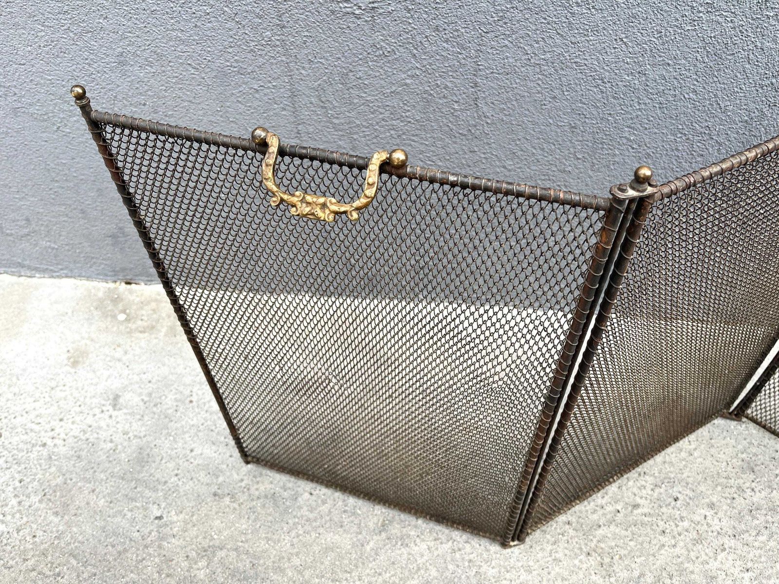 photo furniture French 19th Copper Fire Screen 53 X 20 Inches, Napoleon 3rd Fireplace Protector, 4 Flap Antique Chimney Screen