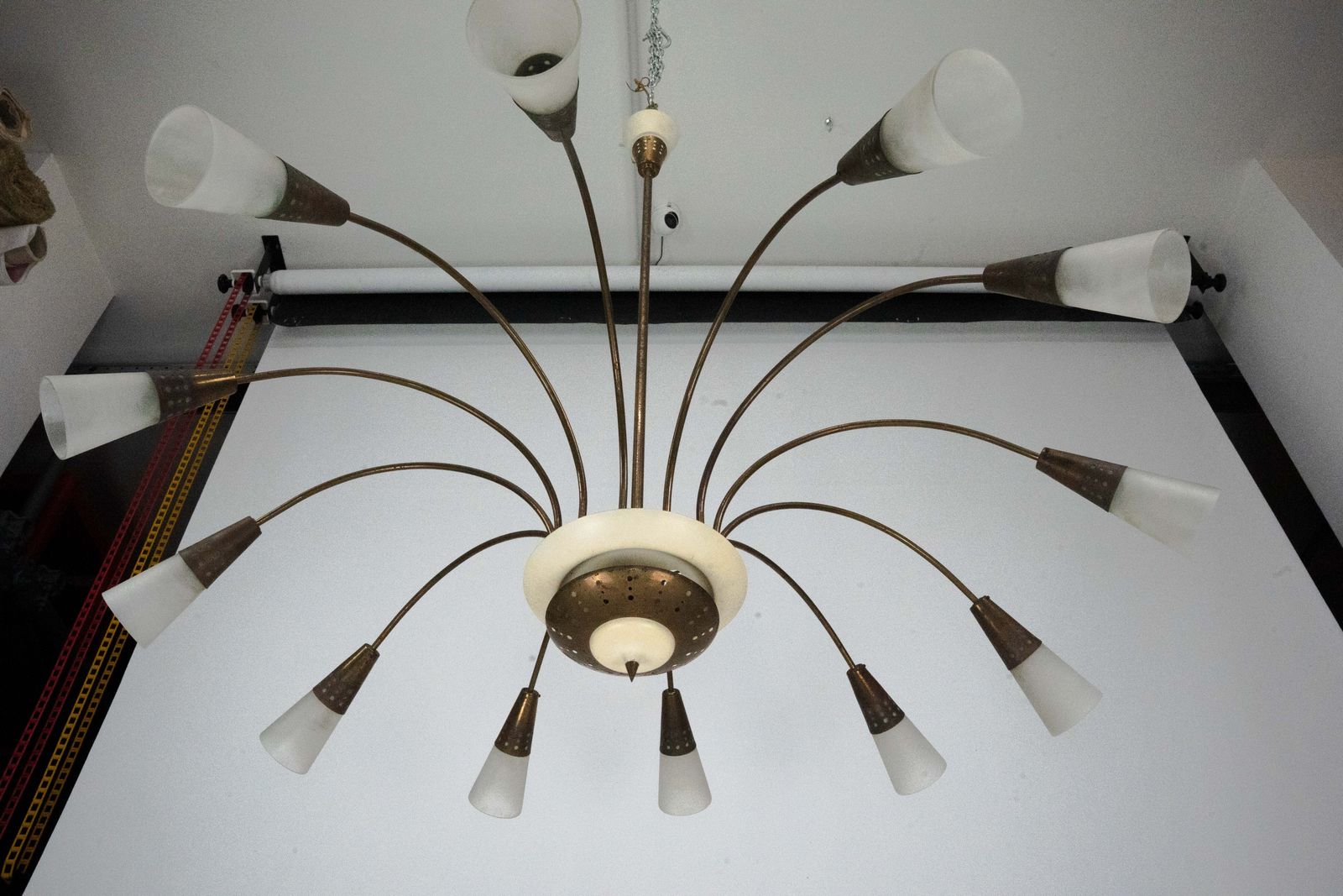 Large Italian Mid Century Sputnik Brass Chandelier With Satin Glass, 1950s photo 9100.0