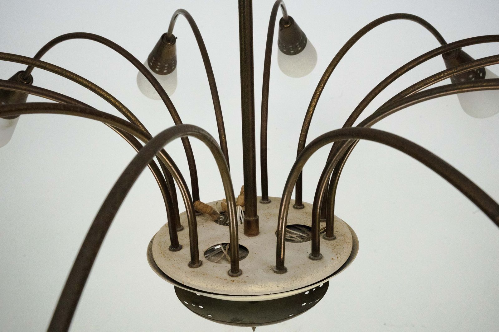 Large Italian Mid Century Sputnik Brass Chandelier With Satin Glass, 1950s photo buy