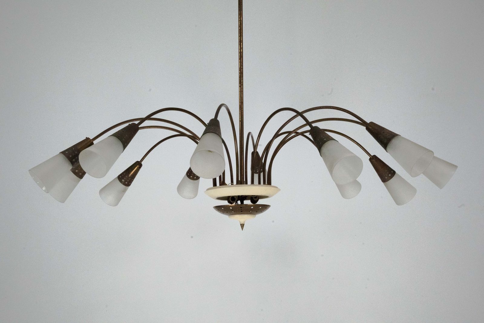 photo furniture Large Italian Mid Century Sputnik Brass Chandelier With Satin Glass, 1950s
