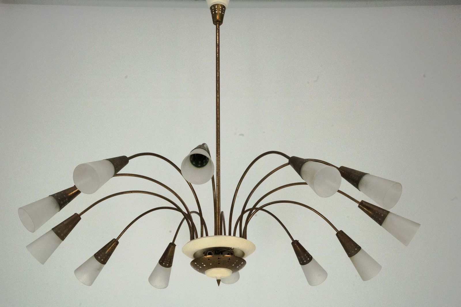 Lighting Large Italian Mid Century Sputnik Brass Chandelier With Satin Glass, 1950s photo