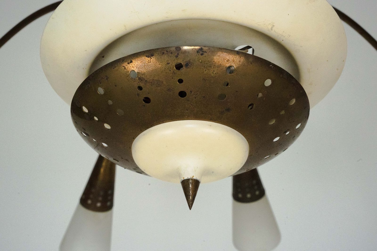 9100.0 Large Italian Mid Century Sputnik Brass Chandelier With Satin Glass, 1950s photo
