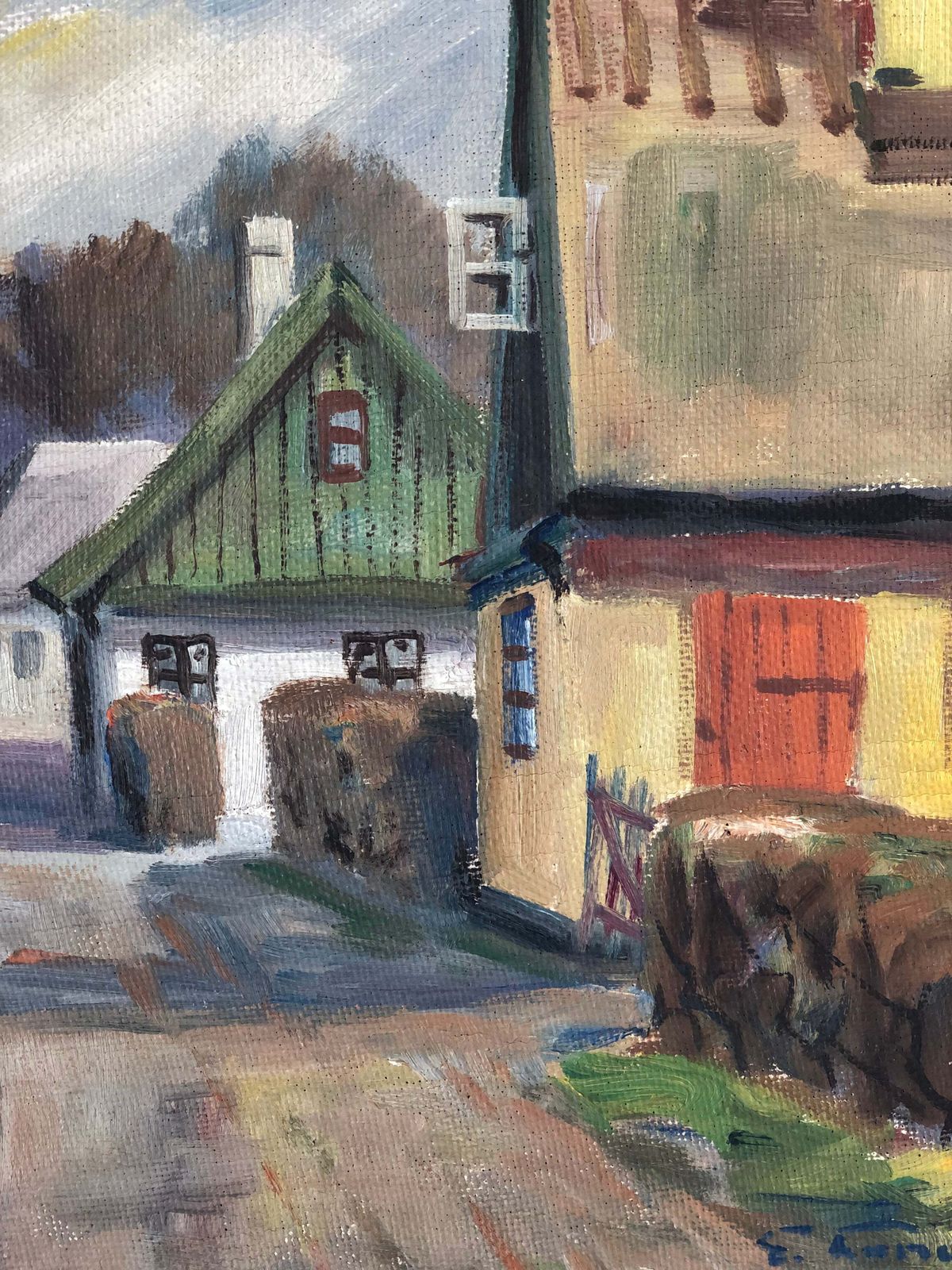 Vintage Original Oil Painting Of A Cottage Landscape, C. 1950 photo furniture