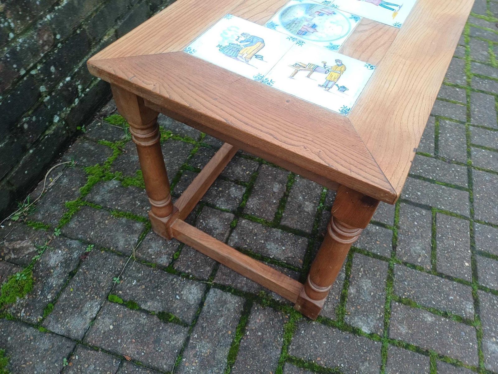 Vintage Elm Coffee Table Folk Art Tile Top Rustic Farmhouse Low Table Turned Legs 1970s Handcrafted Dutch Delft Style photo for sale