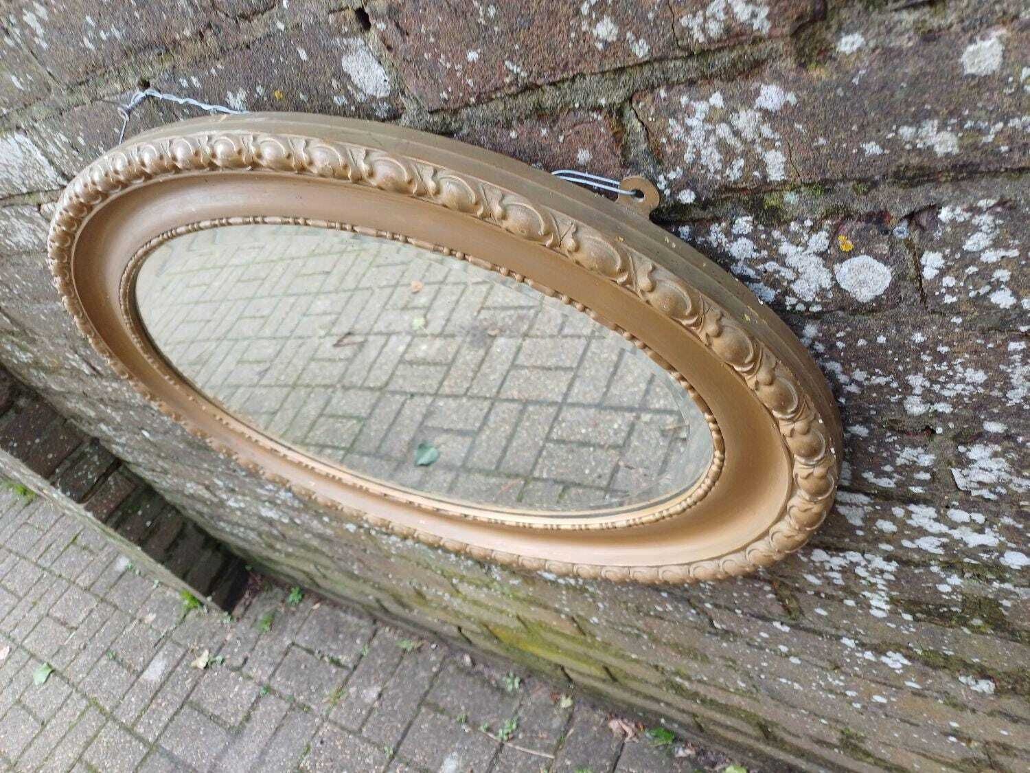 Large Antique Victorian Oval Wall Mirror, Soft Aged Gold/Bronze Gilt, Ornate Gesso Frame, Original Glass, 81cm X 55cm photo for sale