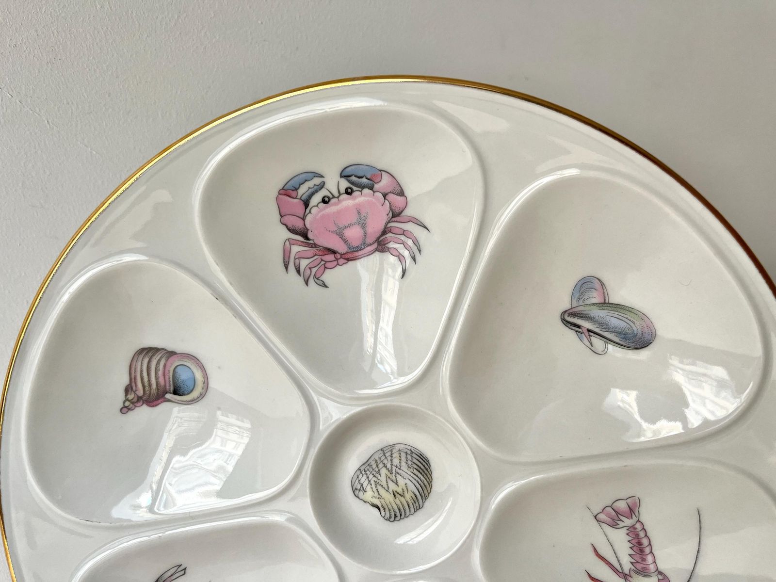 French Oyster Plate In Limoges Porcelain Signed Louis Lourioux 60s, Vintage French Seafood Dish, Vintage French Tableware photo furniture