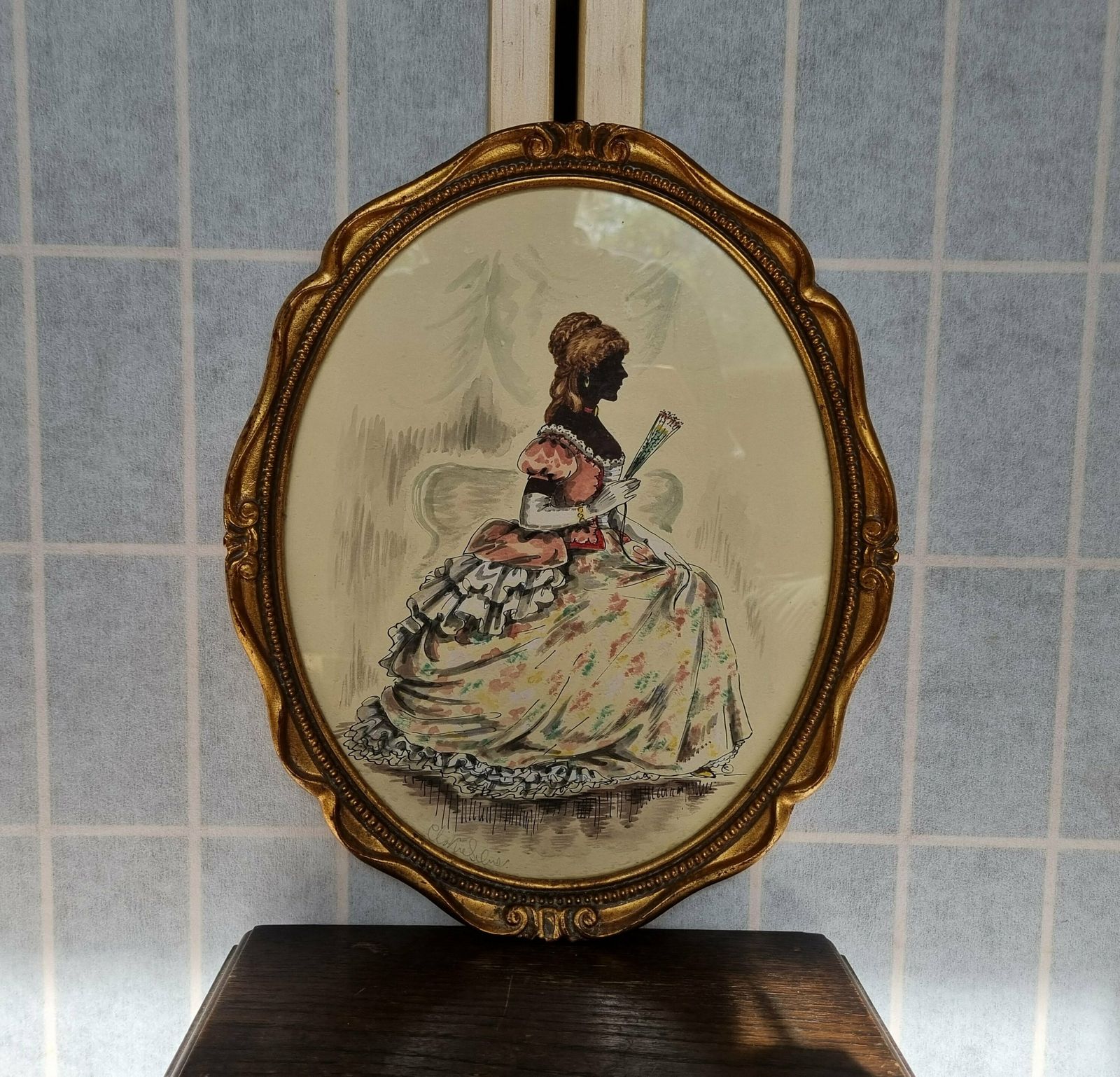 Silhouette Period Costume Painting Original Christine Silver Signed Cameo photo furniture