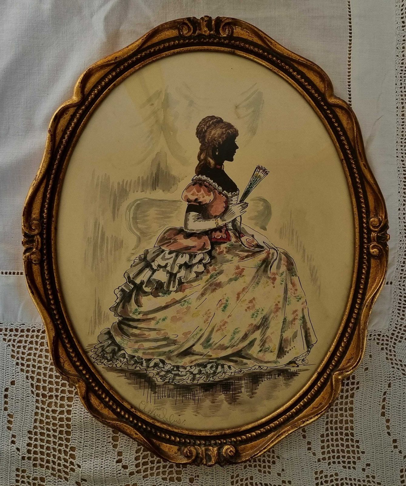 Silhouette Period Costume Painting Original Christine Silver Signed Cameo photo Art