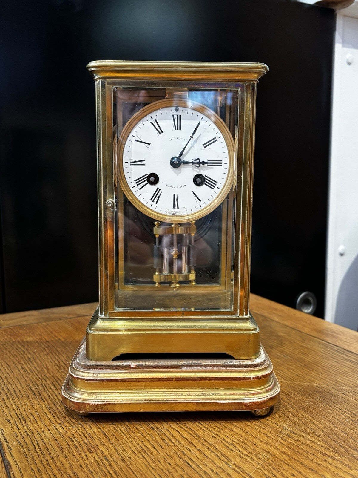 Victorian Brass 4 Glass Clock, Ticking Away & Chimes On A Gong. photo furniture