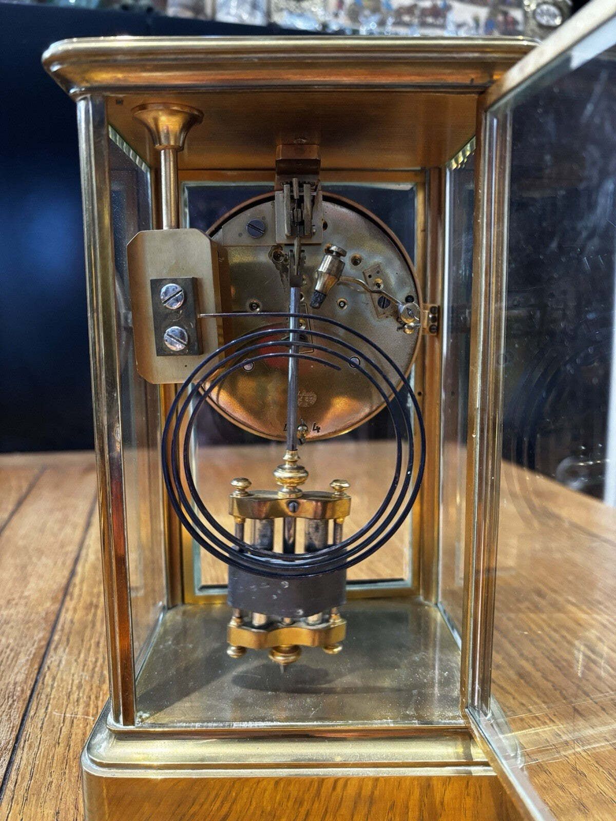 Victorian Brass 4 Glass Clock, Ticking Away & Chimes On A Gong. photo for sale