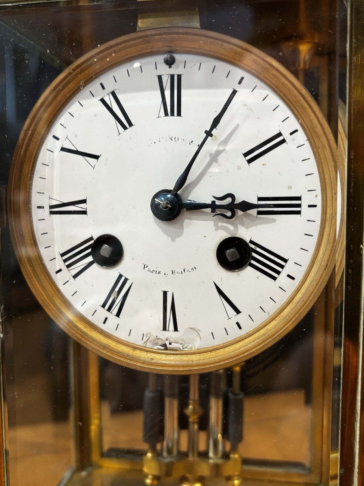 Victorian Brass 4 Glass Clock, Ticking Away & Chimes On A Gong. photo vinterior