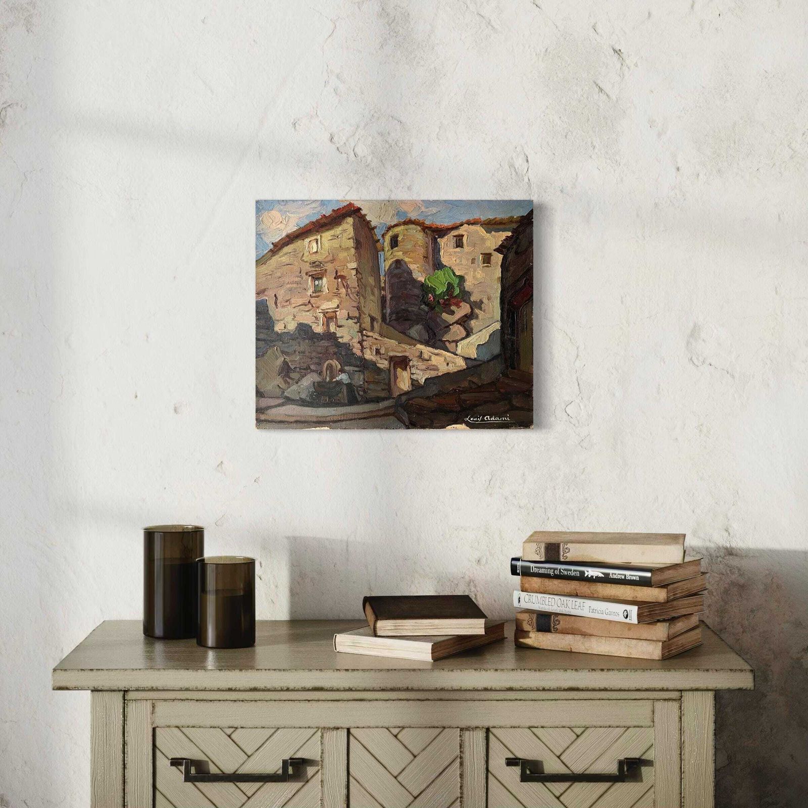 Olieverfschilderij Op Doek Van Een Frans Steendorp, Ca. Jaren 1950 – Gesigneerd Rustiek Landschap, Dorpsgezicht Zuid Frankrijk photo furniture