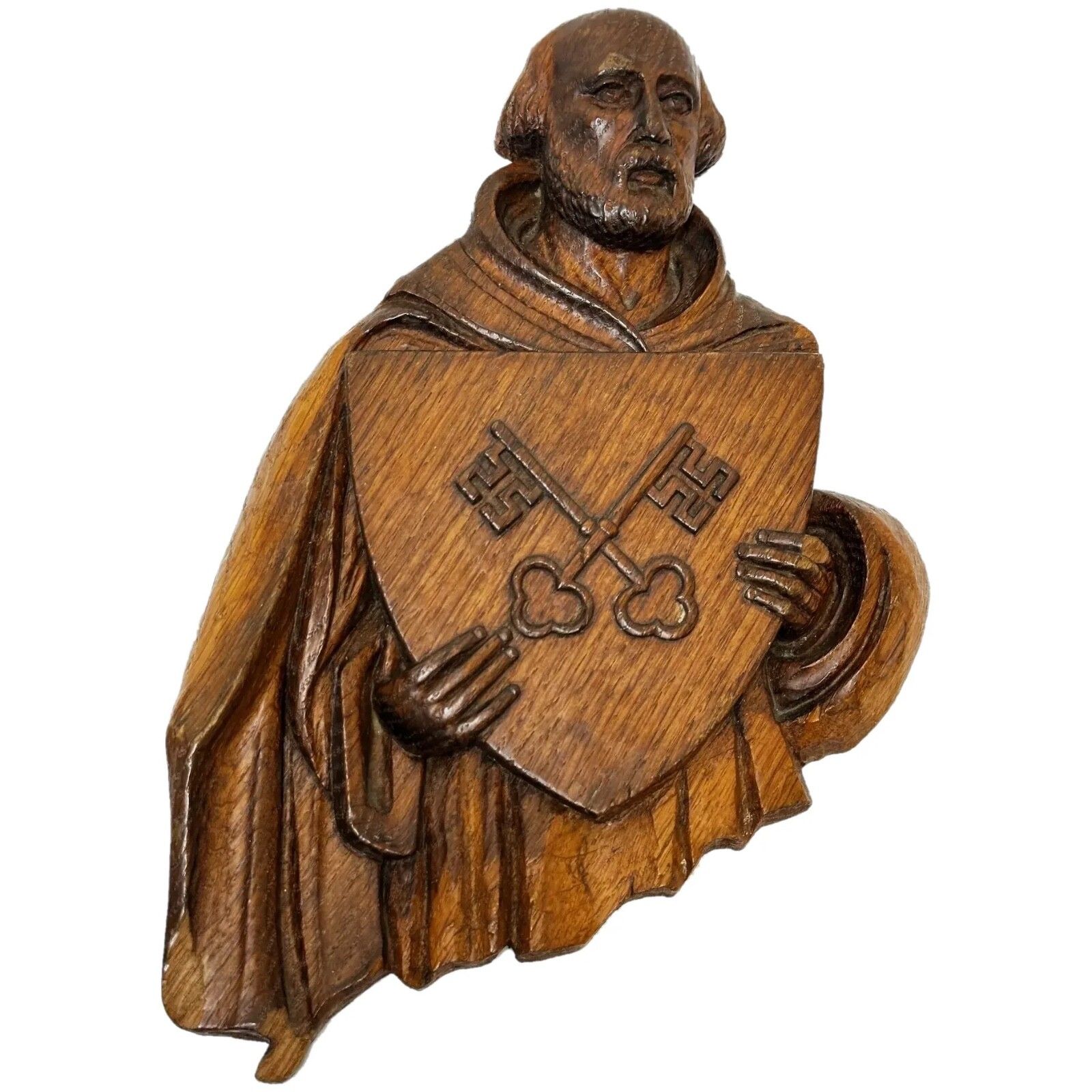 19th Century Carved Religious Figure Saint Holding Shield Crossed Keys Of Heaven