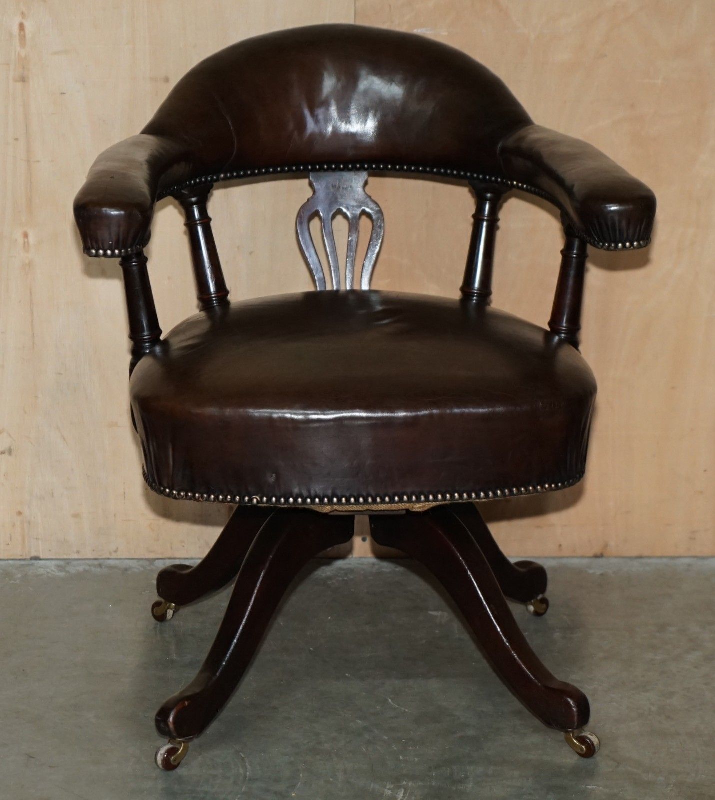 Original Antique Victorian Fully Restored Deep Brown Leather Captains Chair photo furniture