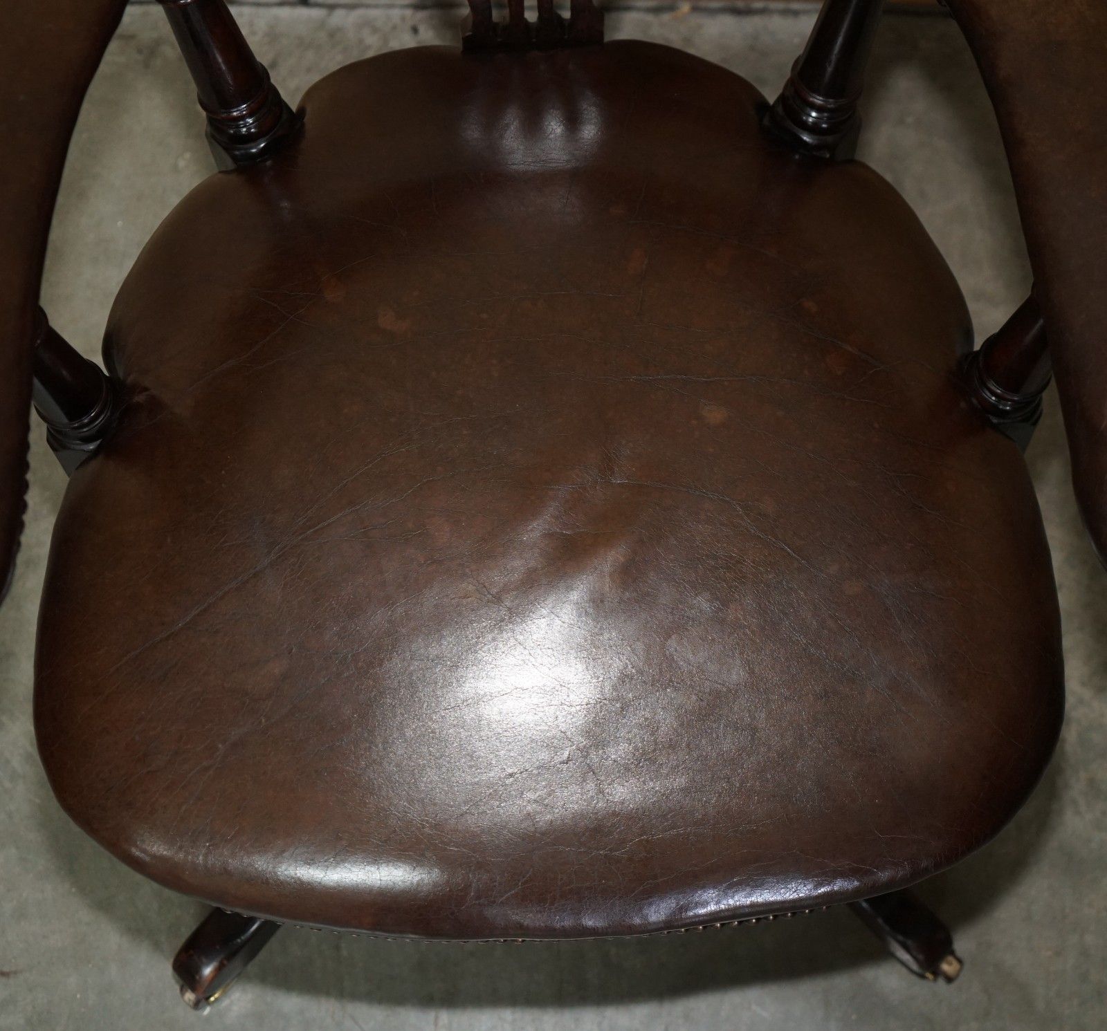 Original Antique Victorian Fully Restored Deep Brown Leather Captains Chair photo Furniture
