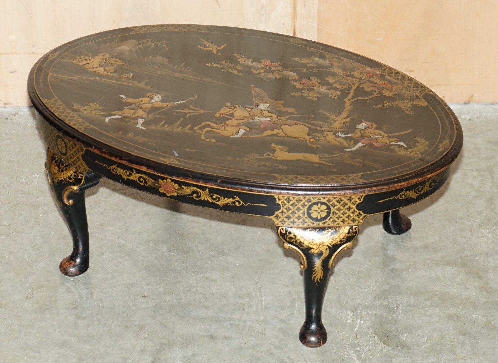 Large Oval Antique Circa 1920 Chinese Chinoiserie Export Lacquered Coffee Table photo furniture