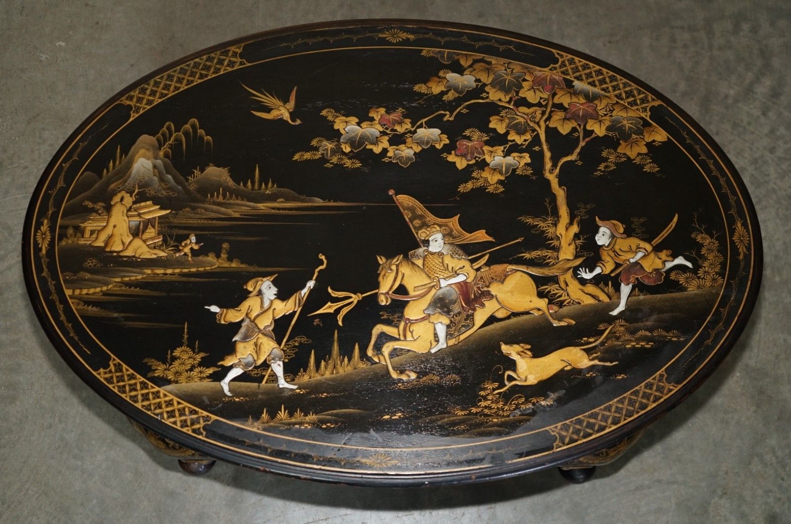 Large Oval Antique Circa 1920 Chinese Chinoiserie Export Lacquered Coffee Table photo Furniture