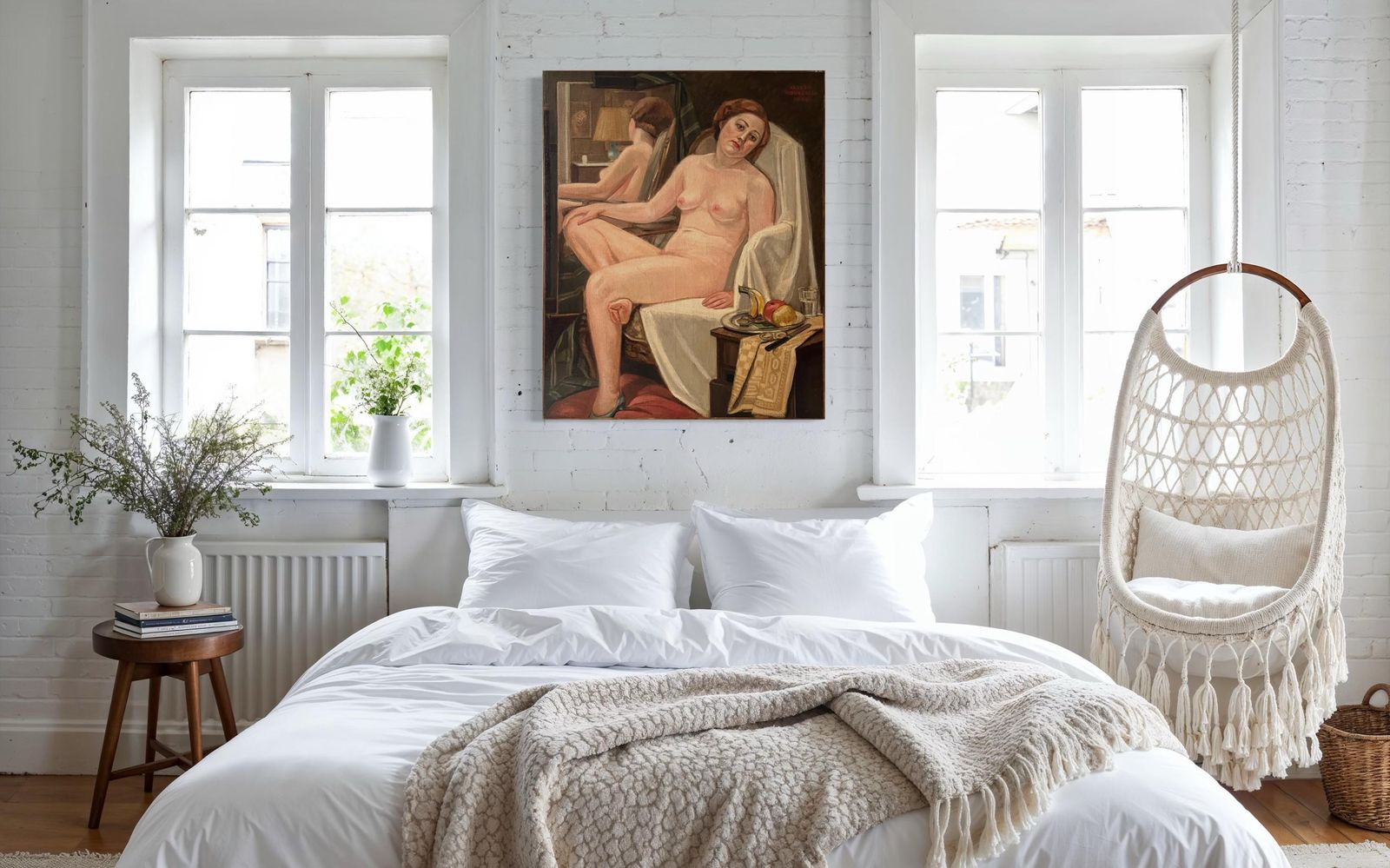 French Antique Woman Portrait Oil On Canvas, Art Deco Large Nude Painting, Interior Scene By Ulysse Moussalli photo furniture