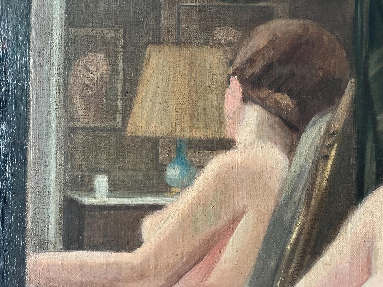 photo furniture French Antique Woman Portrait Oil On Canvas, Art Deco Large Nude Painting, Interior Scene By Ulysse Moussalli