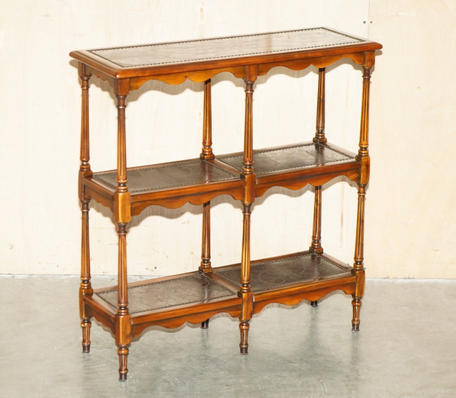 Stunning Solid Wood & Leather Embossed Theodore Alexander Etagere Open Bookcase photo furniture