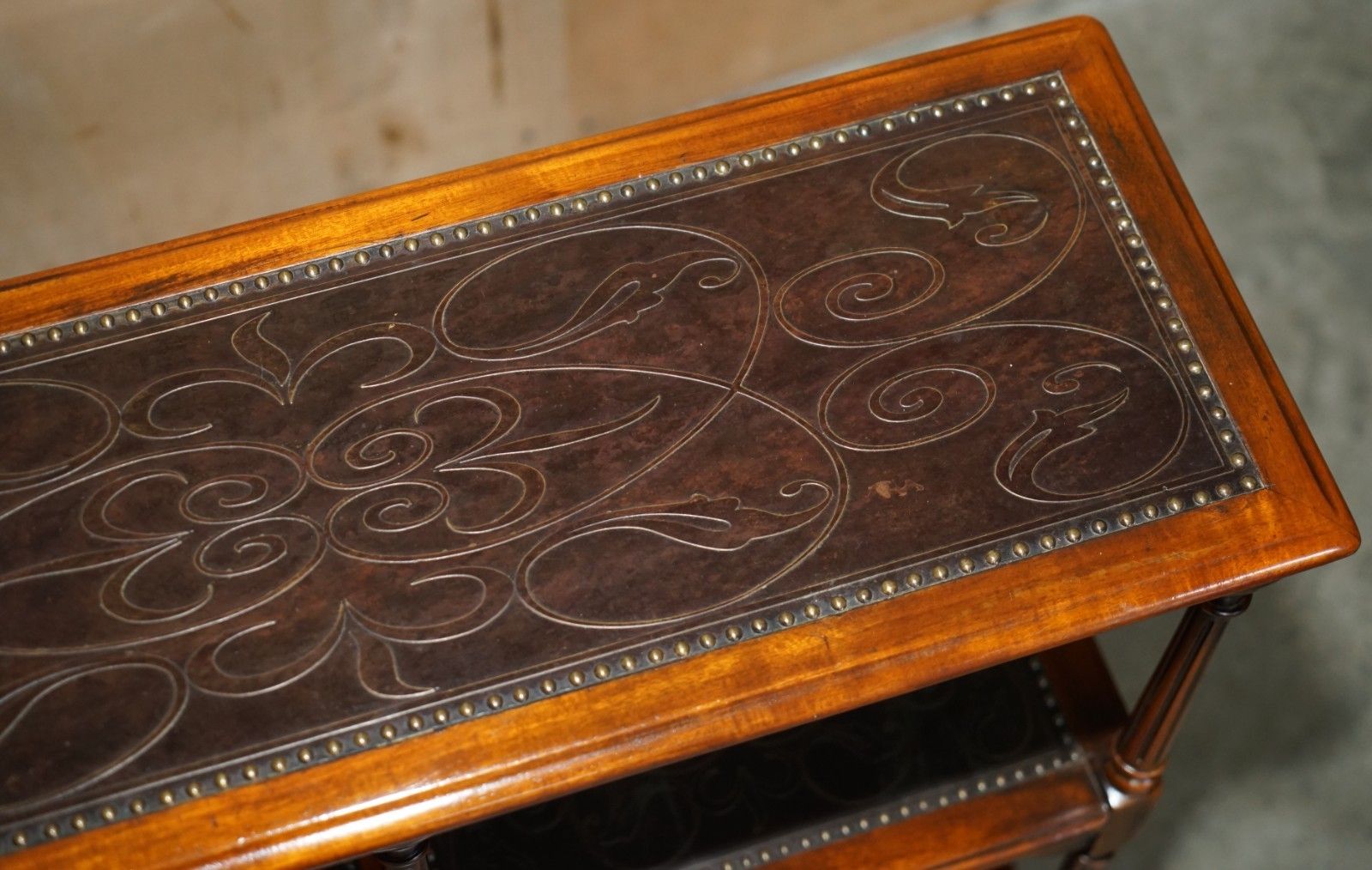 Stunning Solid Wood & Leather Embossed Theodore Alexander Etagere Open Bookcase photo vintage