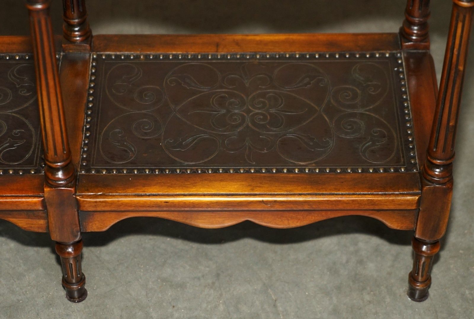 photo buy Stunning Solid Wood & Leather Embossed Theodore Alexander Etagere Open Bookcase