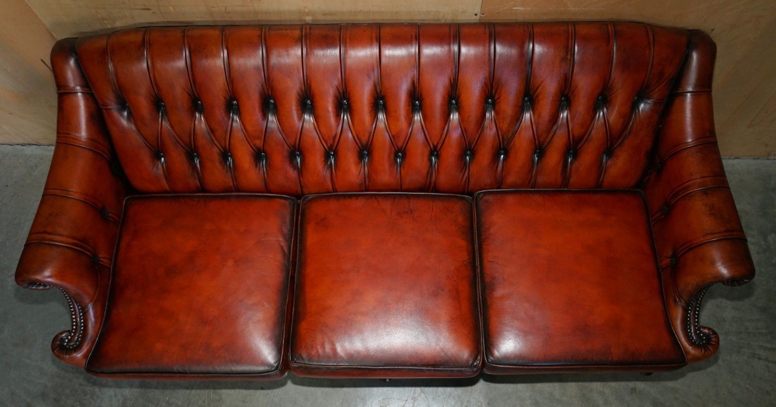 photo for sale Fine 1960's Bordeaux Leather Restored Chesterfield Club Three Seat Sofa Settee