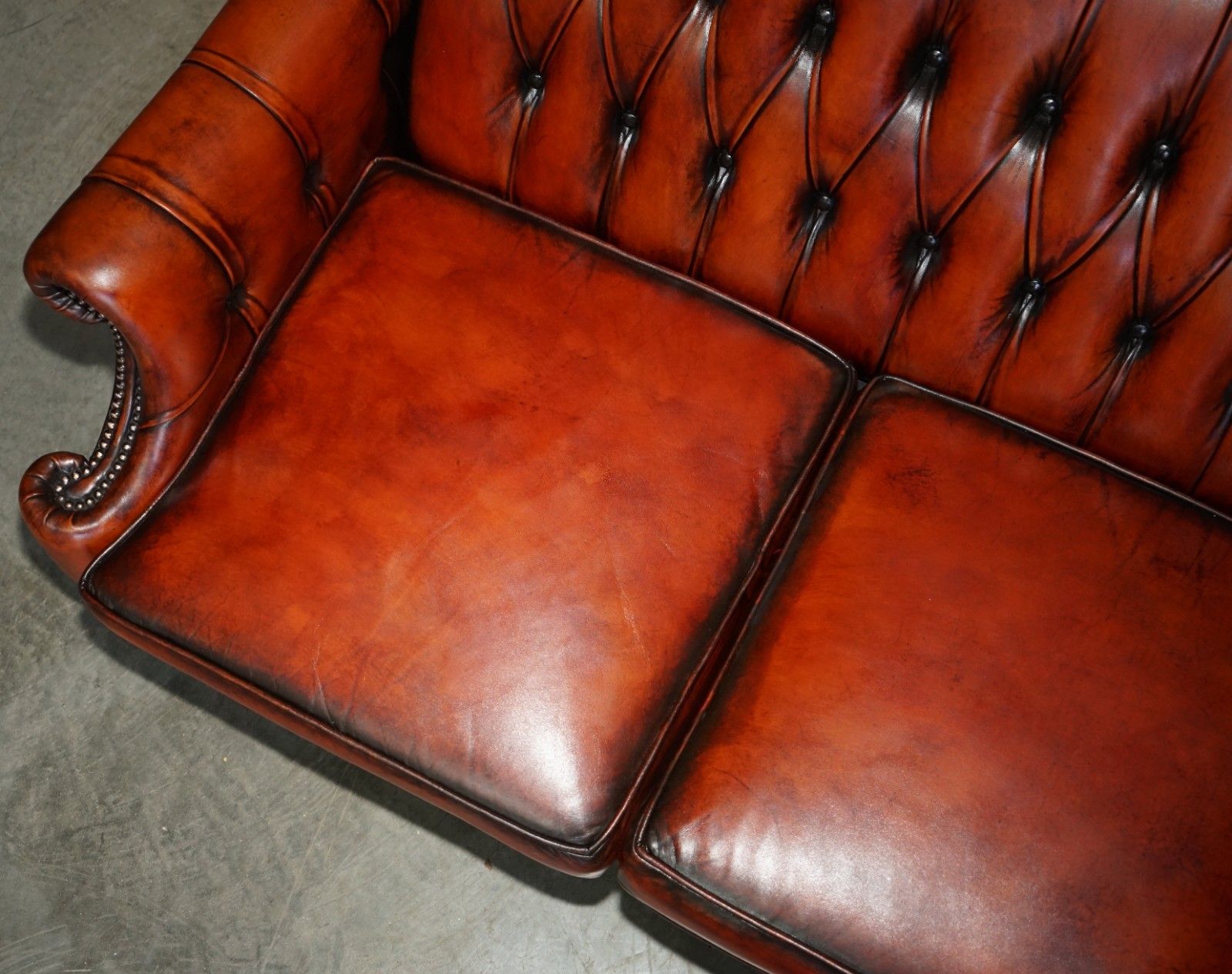 Furniture Fine 1960's Bordeaux Leather Restored Chesterfield Club Three Seat Sofa Settee photo