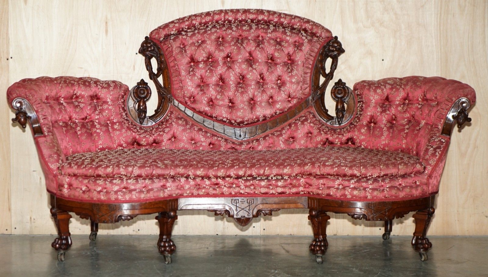Antique Victorian Flamed Mahogany Lion Carved Sofa Or Settee Part Of A Suite photo for sale