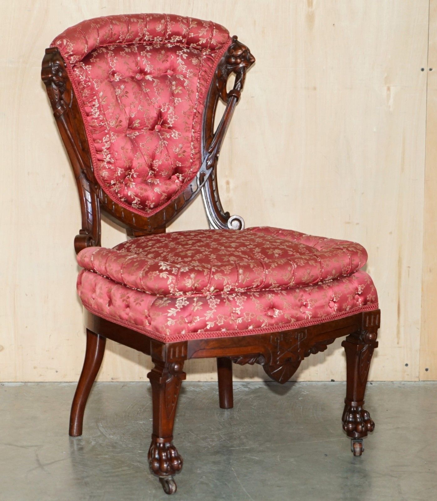 Four Antique Victorian Flamed Mahogany Lion Carved Dining Chairs Part Of A Suite photo for sale