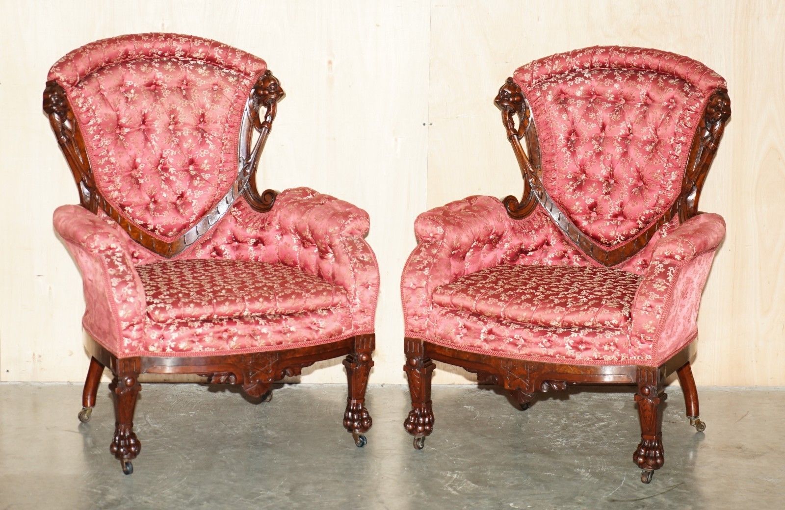 Antique Victorian Flamed Mahogany Lion Carved Pair Of Armchairs Part Of A Suite photo furniture