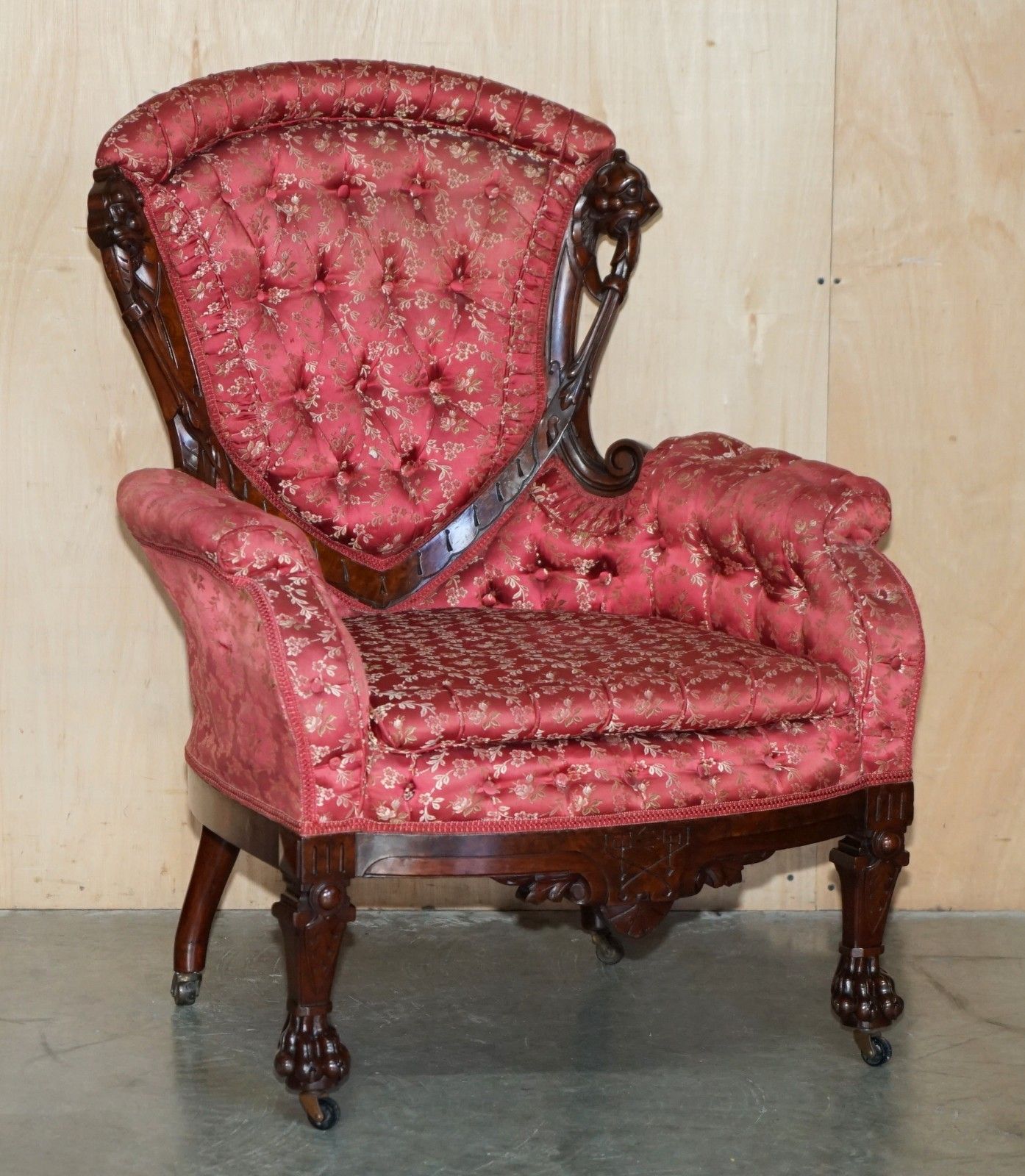 Antique Victorian Flamed Mahogany Lion Carved Pair Of Armchairs Part Of A Suite photo for sale