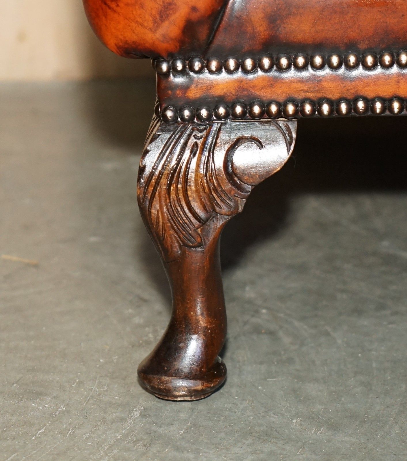 photo for sale Stunning 1960's Bordeaux Leather Restored Chesterfield Club Armchair & Footstool