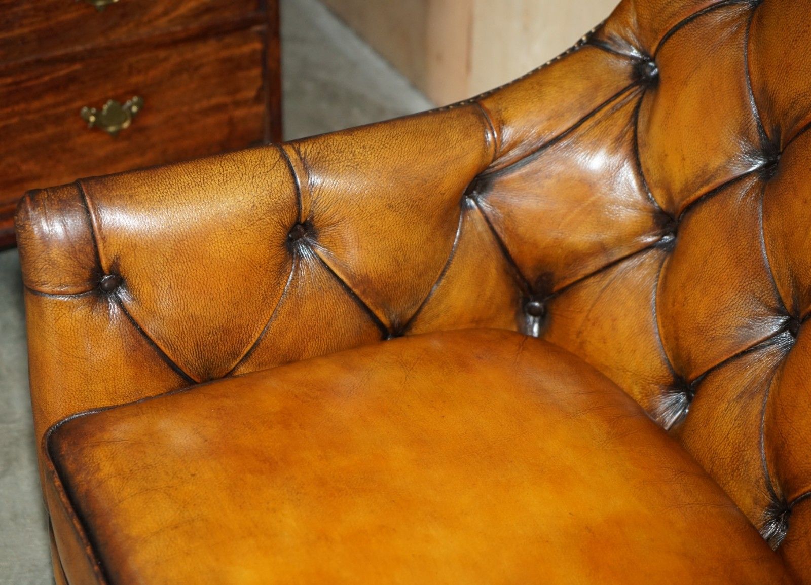 Fully Restored Cigar Brown Leather Chesterfield Tufted Library Armchair photo vintage