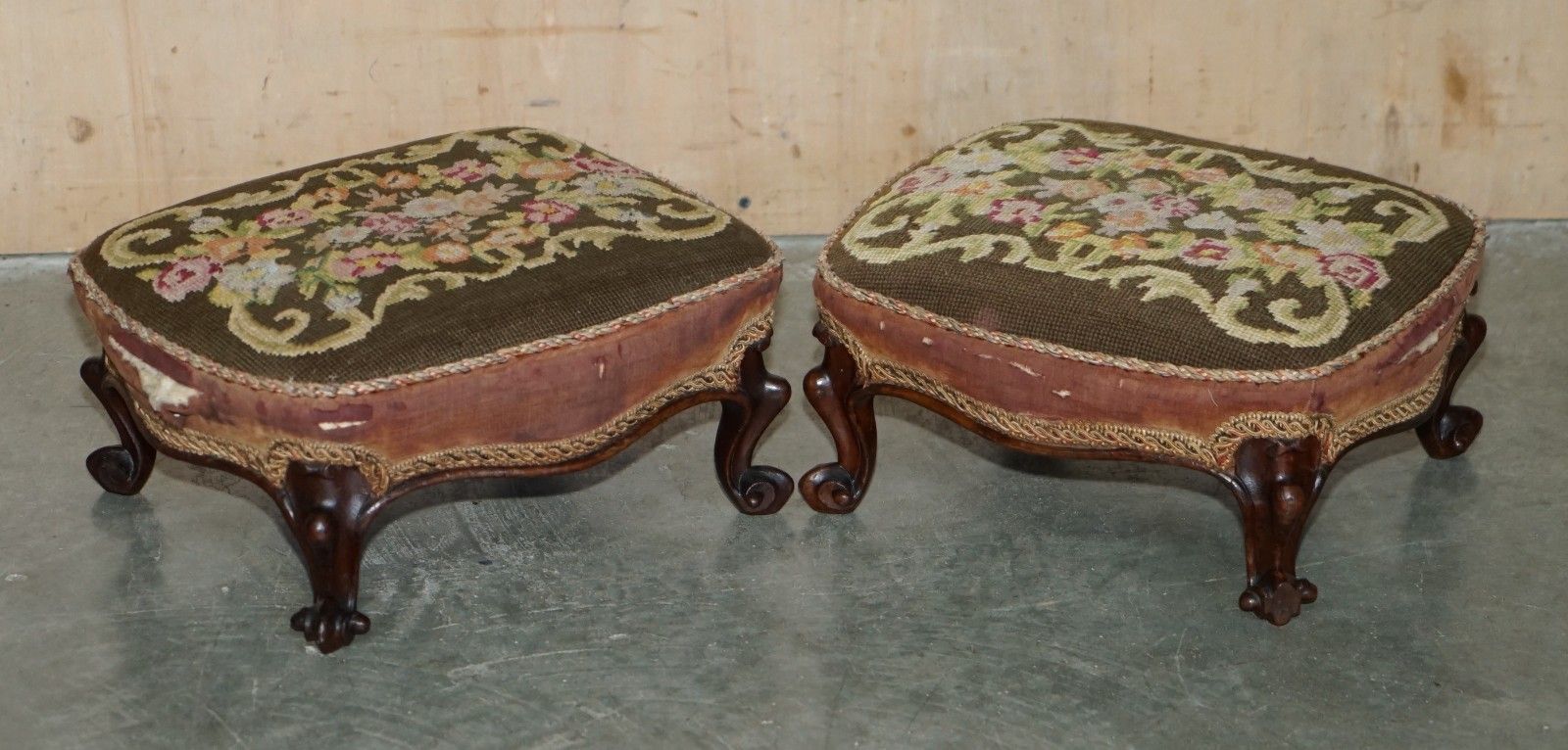 Pair Of Antique Victorian 1860 Upholstered Small Wingback Armchair Footstools photo furniture