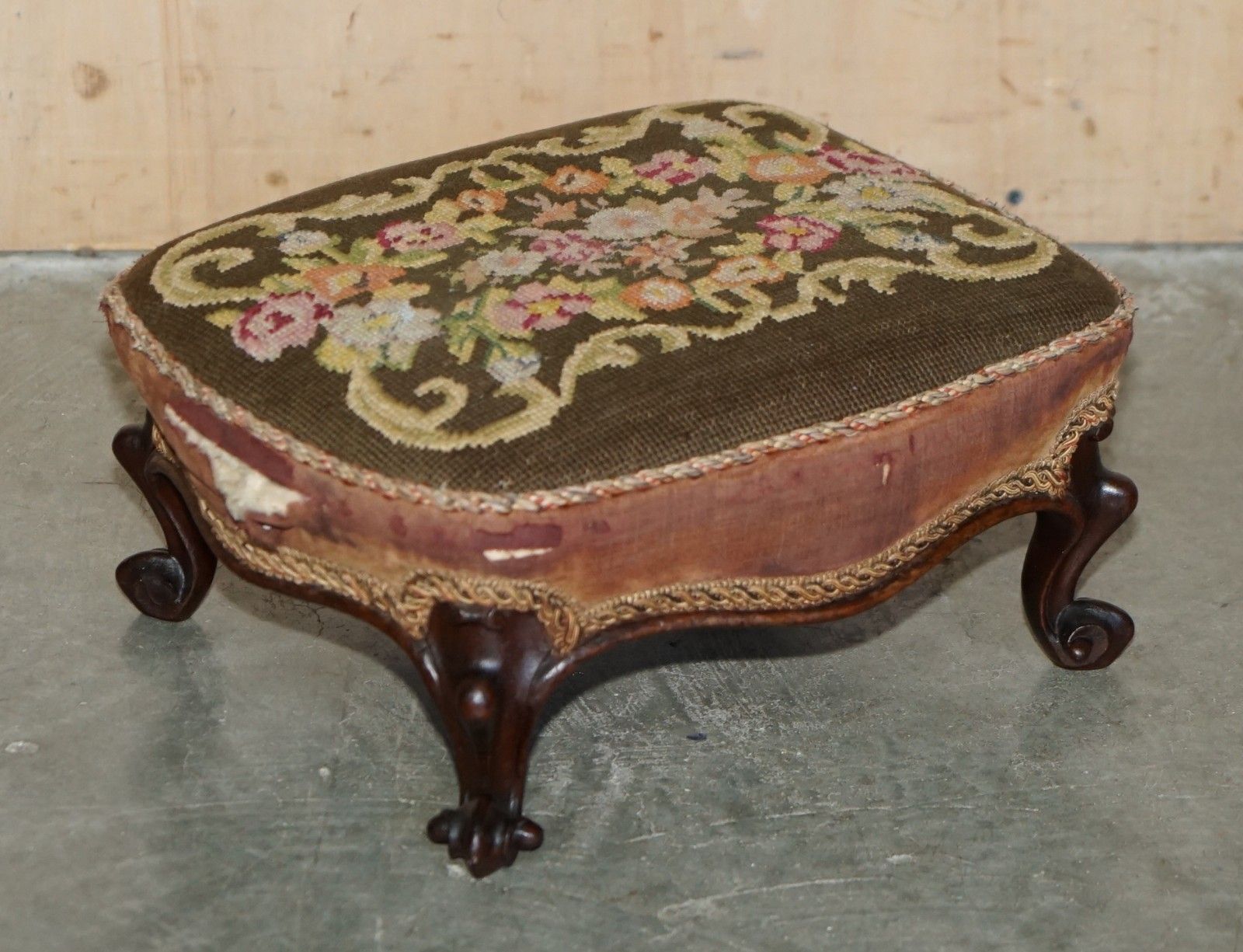 Pair Of Antique Victorian 1860 Upholstered Small Wingback Armchair Footstools photo for sale