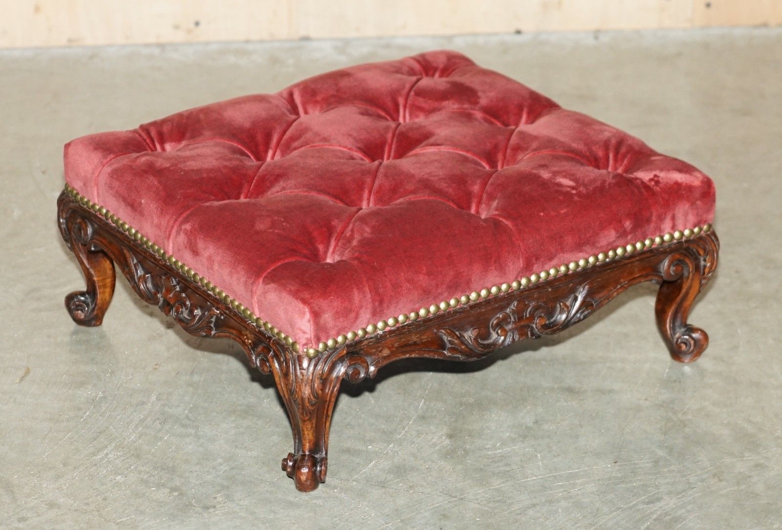 Antique Victorian Mahogany Framed Salmon Velour Chesterfield Tufted Footstool photo furniture