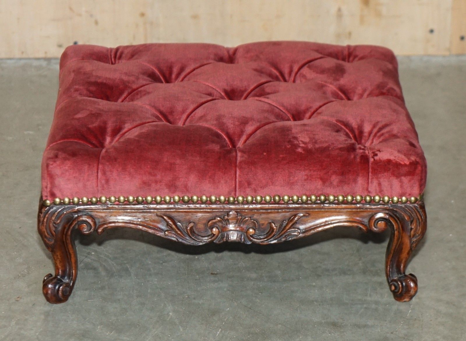 Antique Victorian Mahogany Framed Salmon Velour Chesterfield Tufted Footstool photo for sale