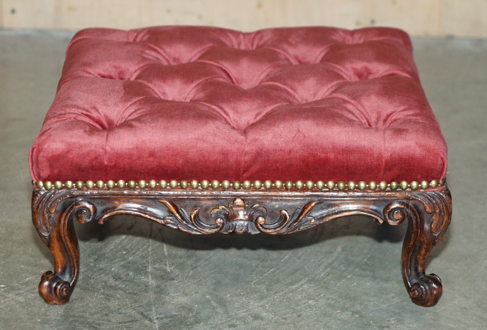 Antique Victorian Mahogany Framed Salmon Velour Chesterfield Tufted Footstool photo vintage