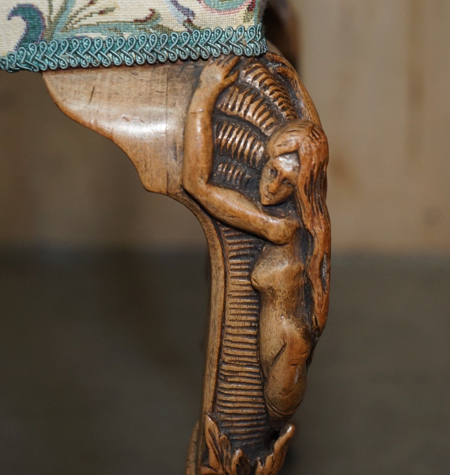 Exquisite Antique Victorian Hand Carved Piano Stool Depicting Mermaids photo buy
