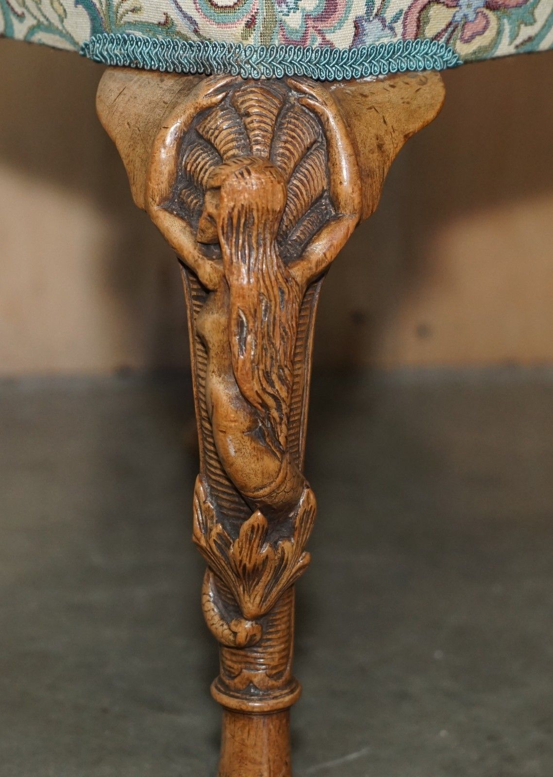 Furniture Exquisite Antique Victorian Hand Carved Piano Stool Depicting Mermaids photo