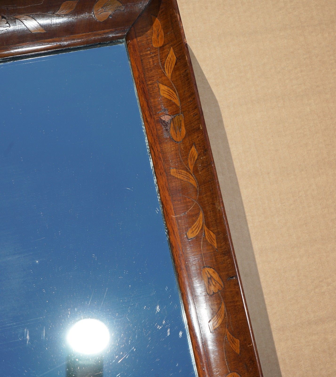 photo for sale 1860 Antique Dutch Cushion Framed Marquetry Inlay Wall Mirror Sublime Detailings