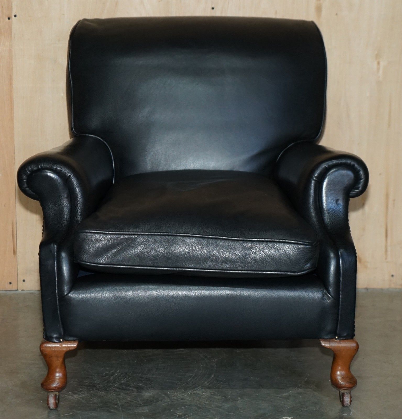 Oversized Antique Victorian Black Leather Club Armchair Stamped Inside Back Leg photo for sale