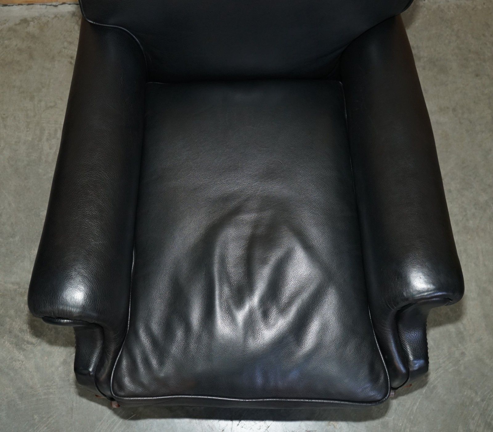 Oversized Antique Victorian Black Leather Club Armchair Stamped Inside Back Leg photo vinterior