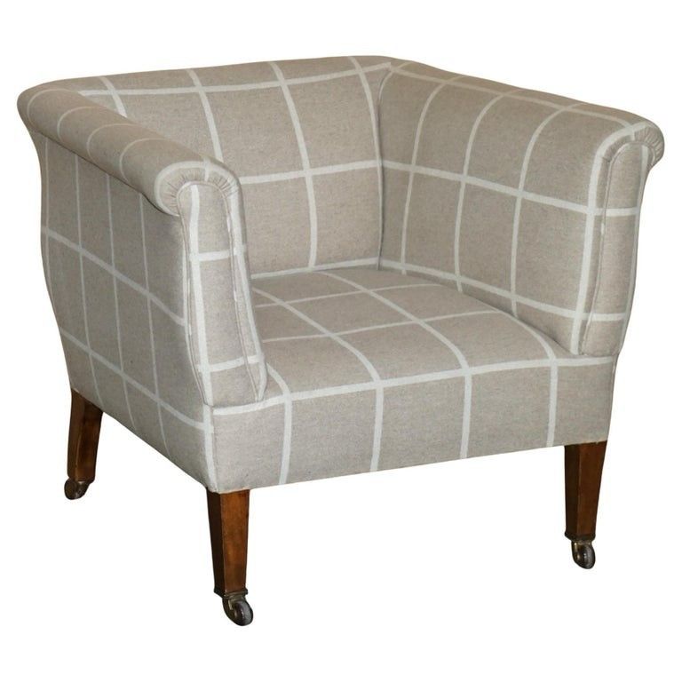 Antique Circa 1900 Club Armchair Porcelain Castors & Scottish Tartan Upholstery