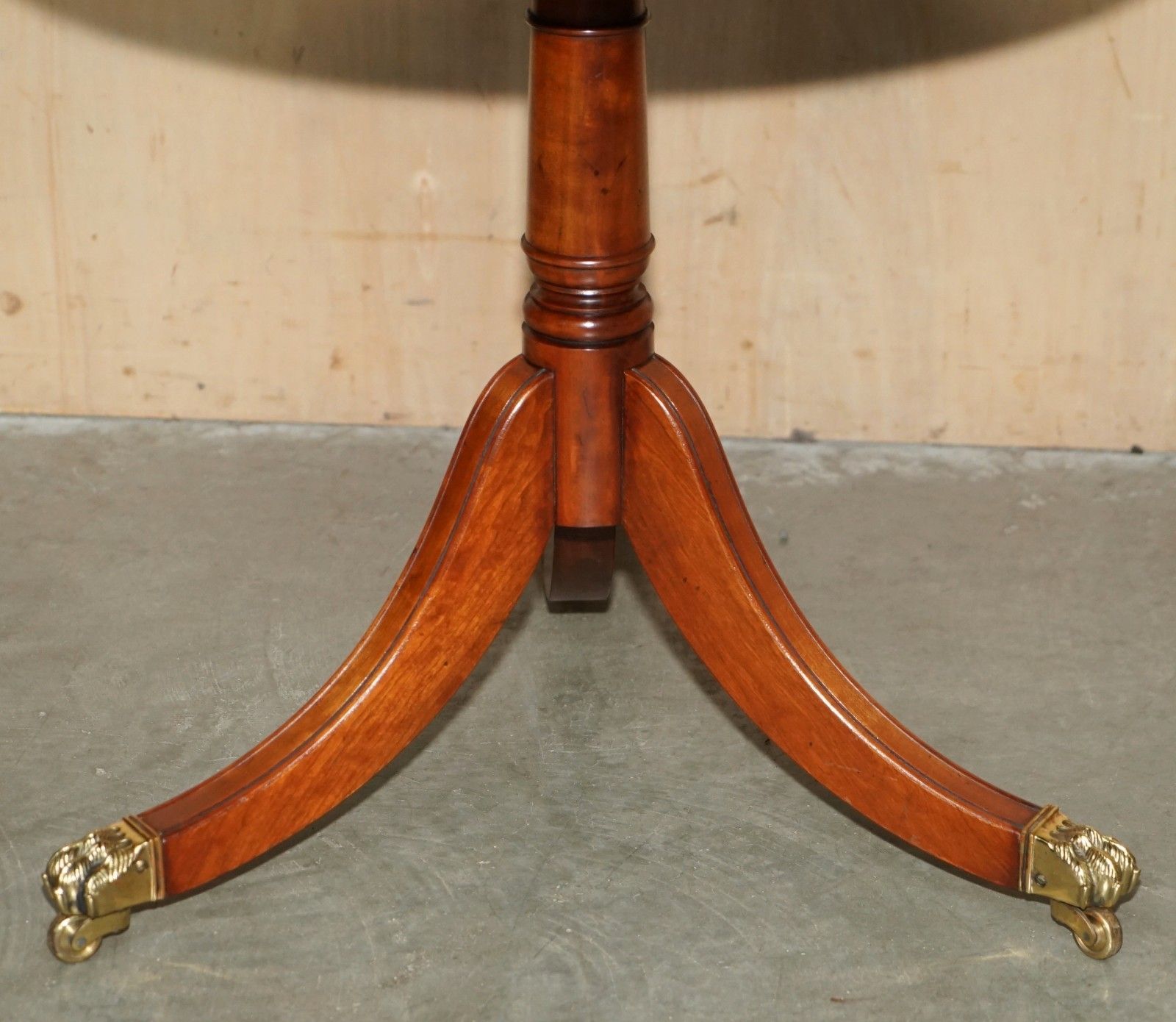 Restored English Mahogany Large Tripod Side Table With Brass Lions Paw Castors photo for sale