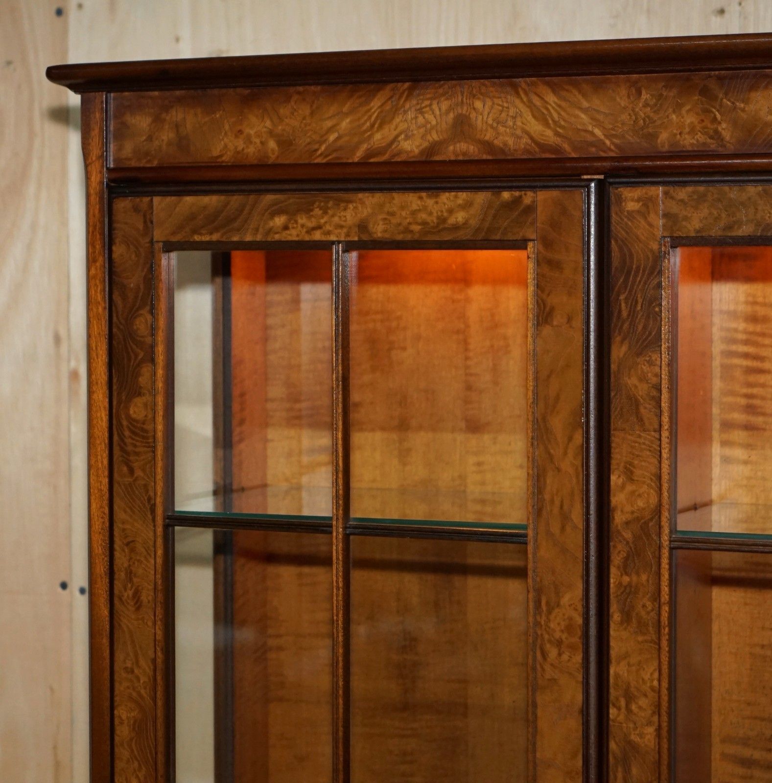 Lovely Vintage Burr Walnut Glazed Door Welsh Dresser Display Cabinet With Lights photo 2750.0