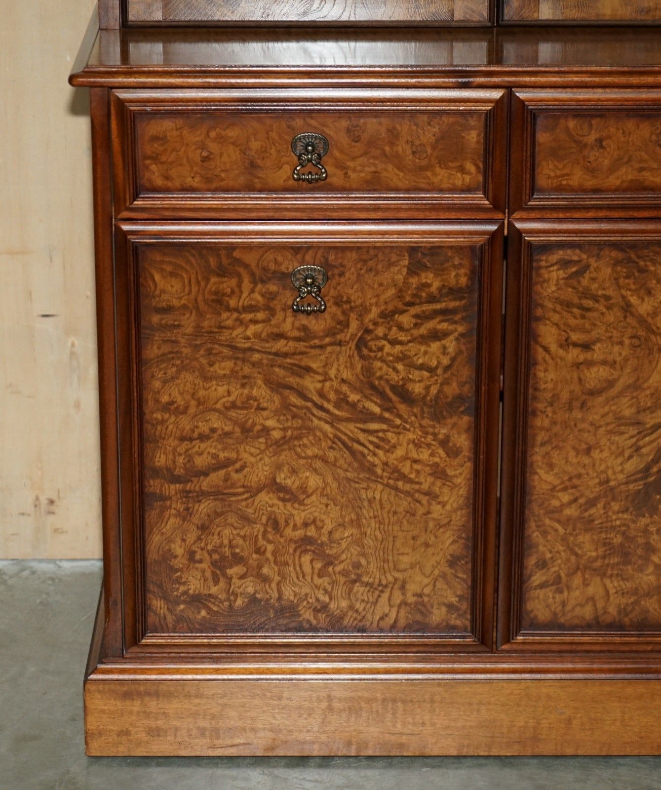 Furniture Lovely Vintage Burr Walnut Glazed Door Welsh Dresser Display Cabinet With Lights photo