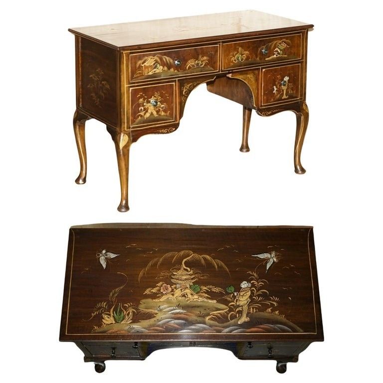 Exquisite Chinese Circa 1920 Chinoiserie Walnut Dressing Table Or Kneehole Desk