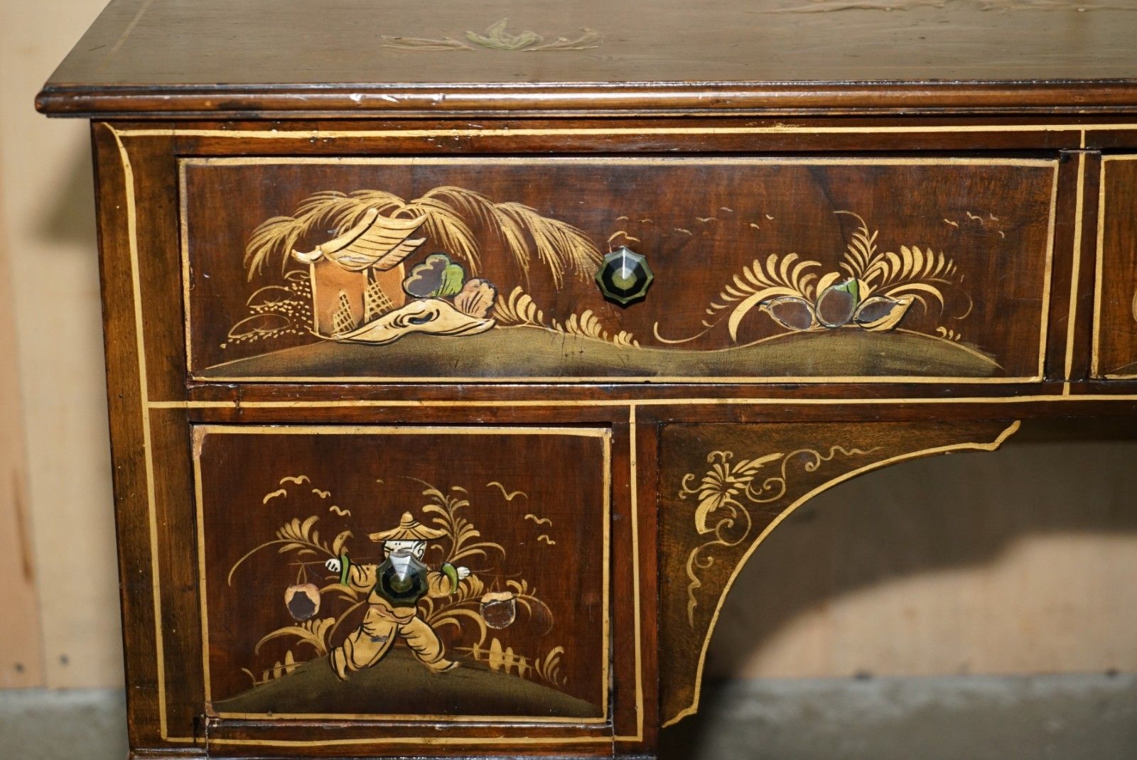 Exquisite Chinese Circa 1920 Chinoiserie Walnut Dressing Table Or Kneehole Desk photo vintage